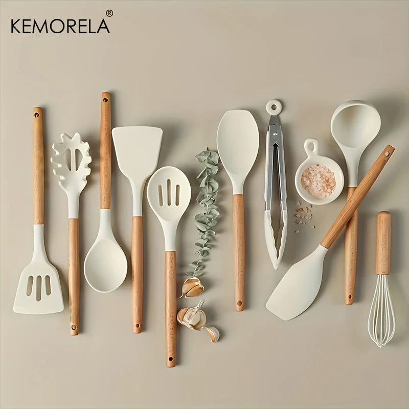 Silicone & Beechwood Kitchen Utensil Set with Holder (11-Piece)