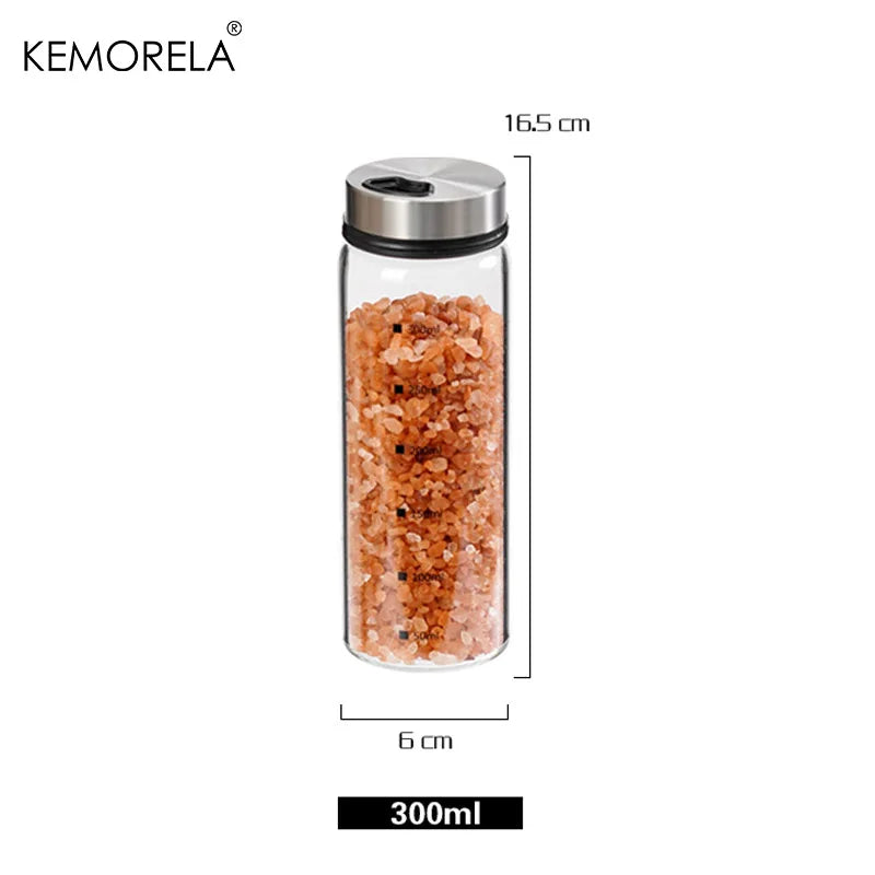 Glass Spice Jars with Flip-Top Stainless Steel Lids & Measurement Scale