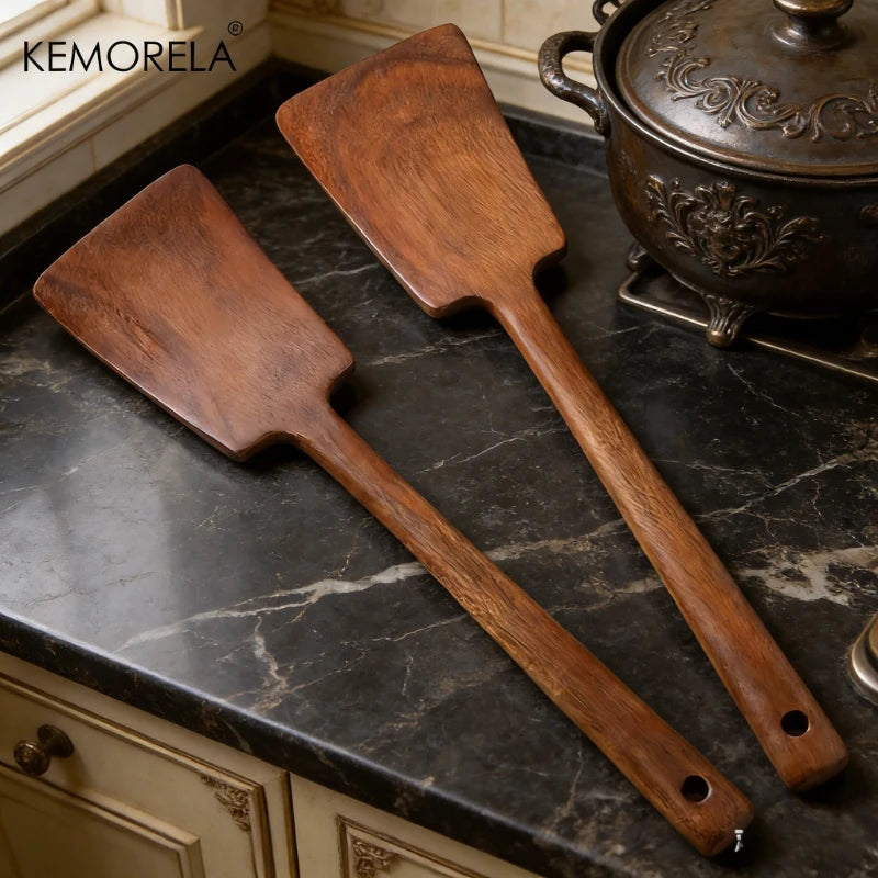 Solid Walnut Wood Spatula — Wide Turner for Wok & Frying Pan (2 Sizes)