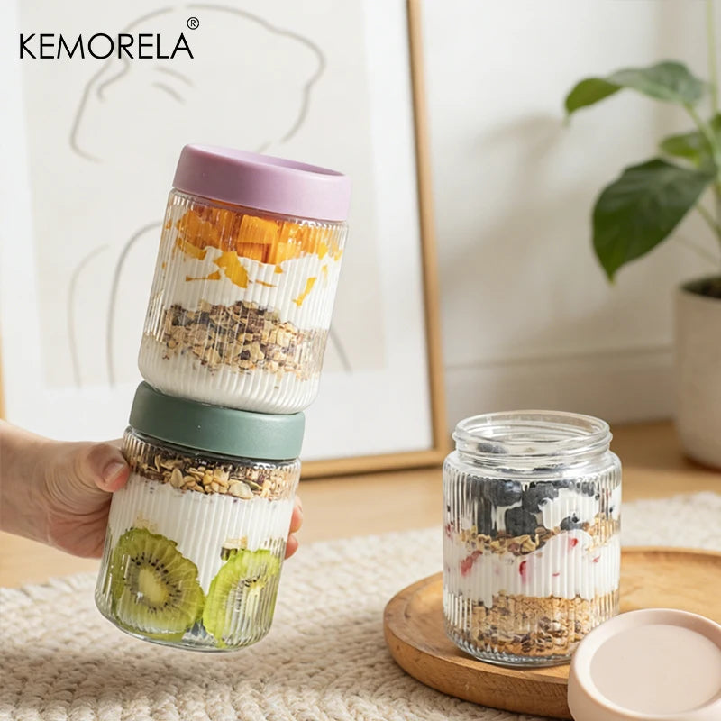 Ribbed Glass Yogurt & Overnight Oats Jar with Colored Lid (4pcs)