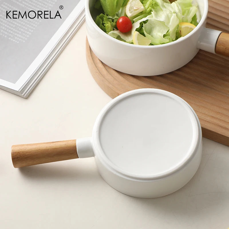 Matte White Ceramic Sauce Pan with Bamboo Handle (14/16cm)