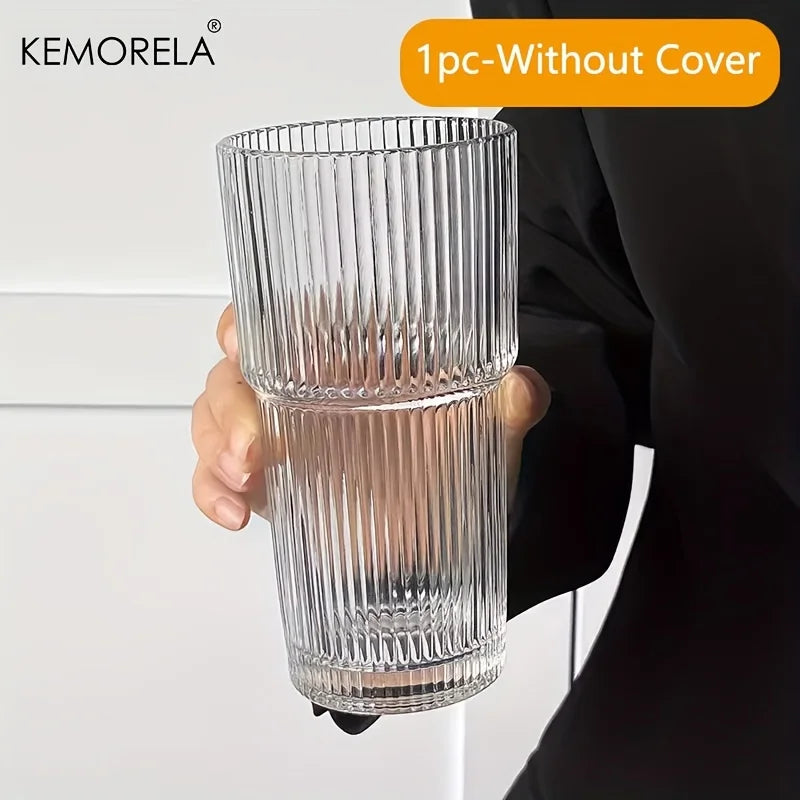 Large Ribbed Glass Cup with Lid & Straw
