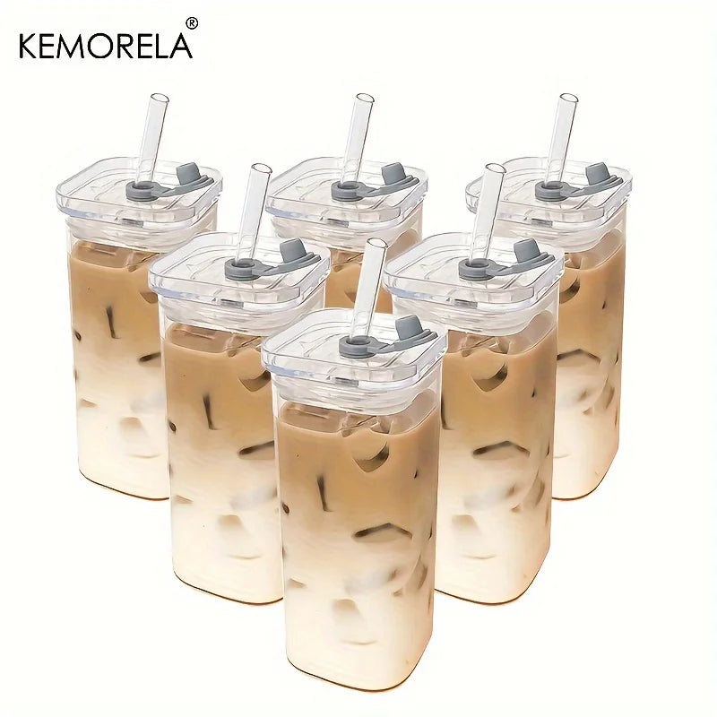 Square Glass Cups with Lids & Straws (6pcs)