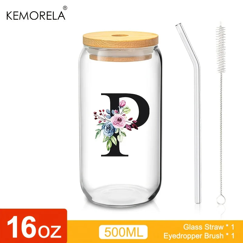 Personalized Initial Letter Glass Can Cup with Bamboo Lid & Straw (500ml)