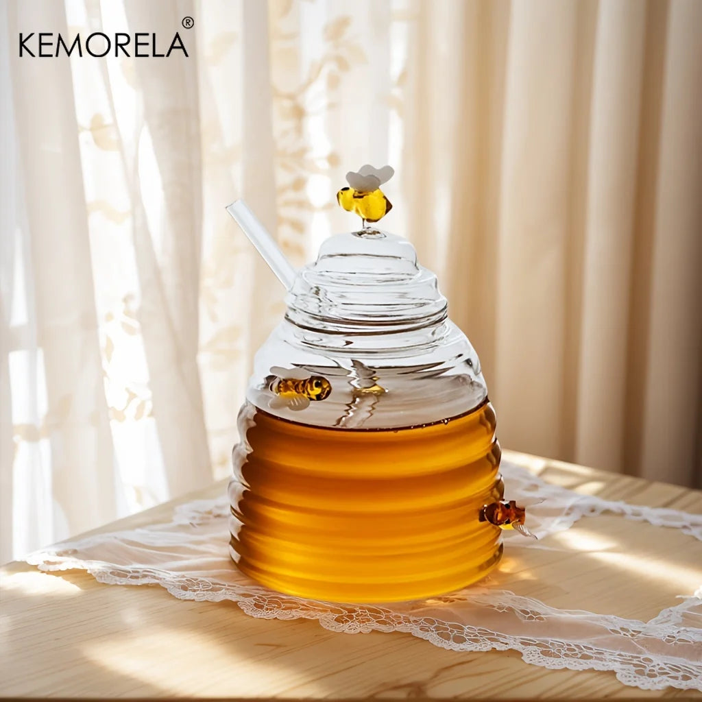 Glass Beehive Honey Jar with Dipper & Lid