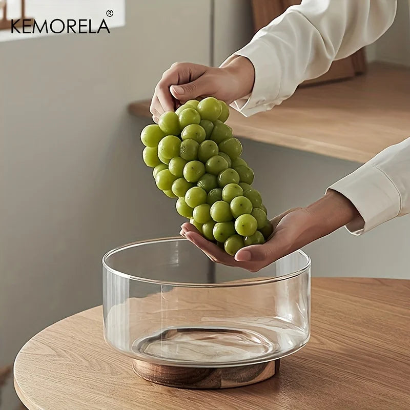 Glass Fruit Bowl with Walnut Wood Base