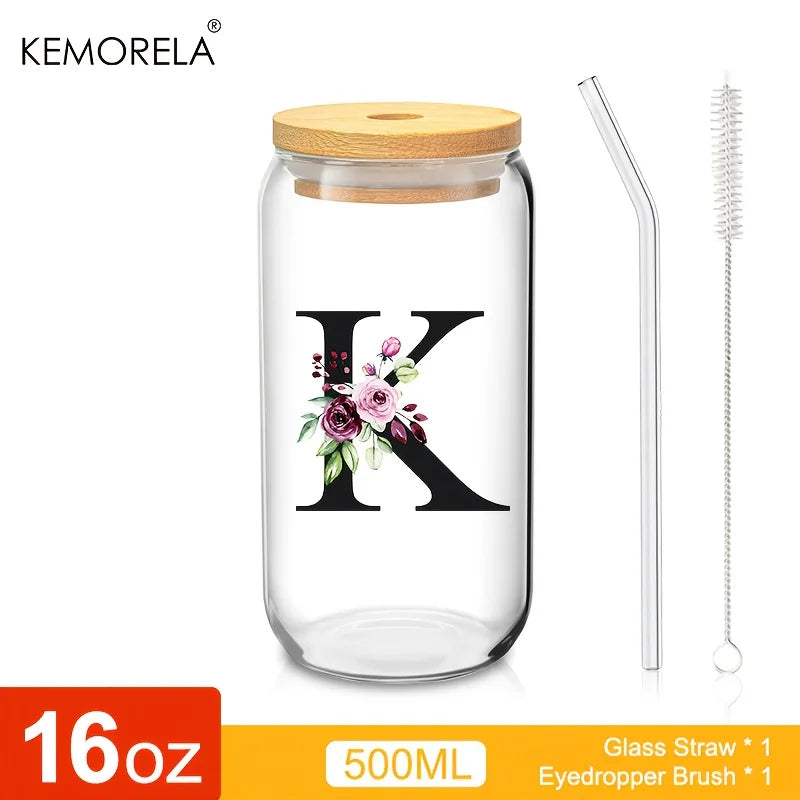 Personalized Initial Letter Glass Can Cup with Bamboo Lid & Straw (500ml)
