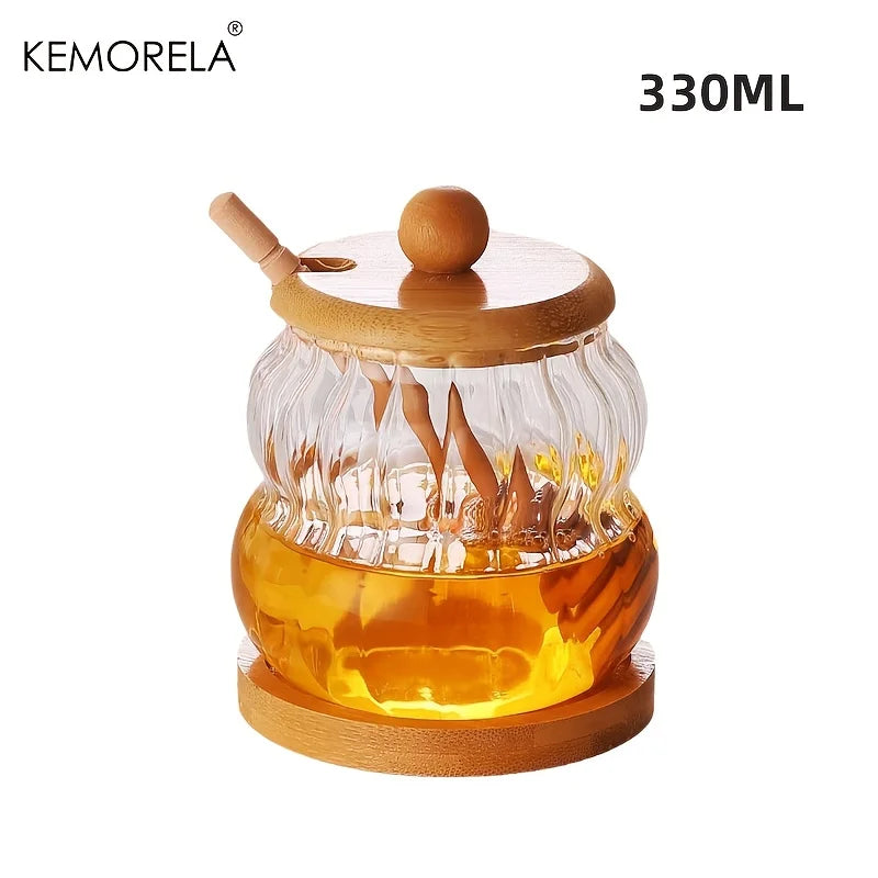 Glass Honey Jar with Bamboo Lid & Wooden Dipper (330/450ml)