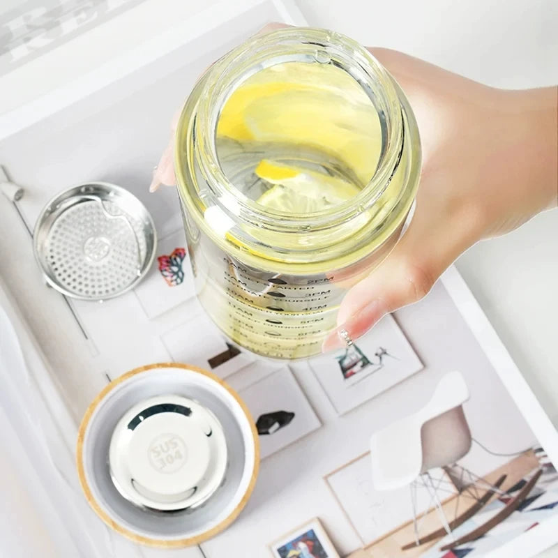Time-Marked Glass Water Bottle with Bamboo Lid (550ml)