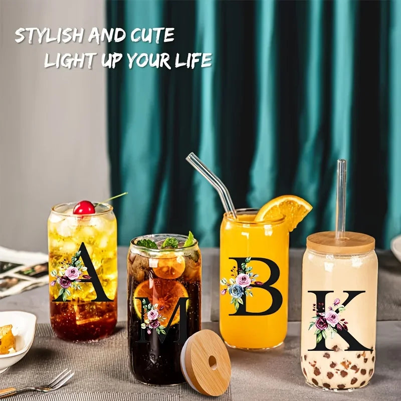 Personalized Initial Letter Glass Can Cup with Bamboo Lid & Straw (500ml)