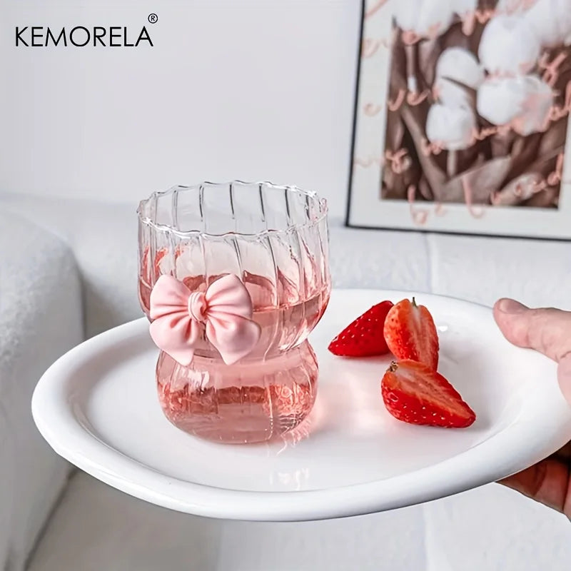 Wavy Ribbed Glass Tumbler with Pink Bow Accent (Set of 2/4/6, 400ml)