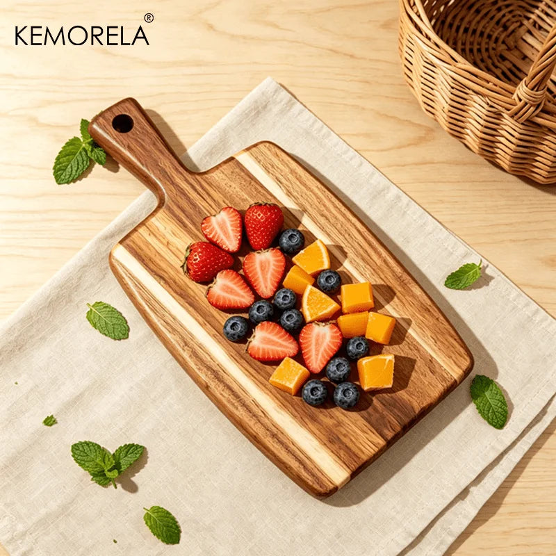 Striped Teak & Acacia Wood Rectangular Serving Board with Handle (3 Sizes)