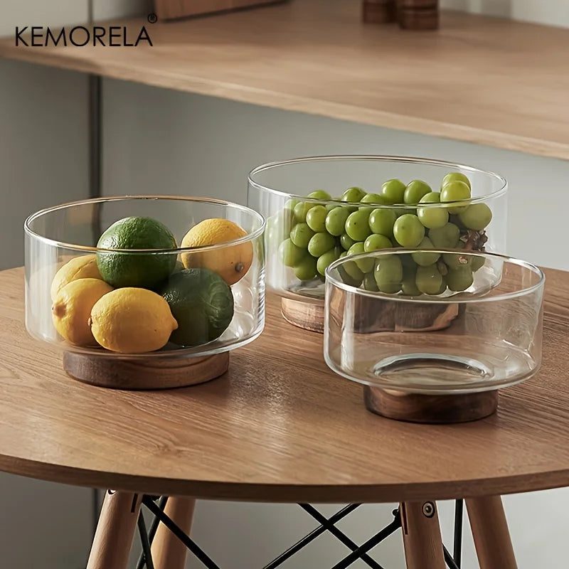 Glass Fruit Bowl with Walnut Wood Base