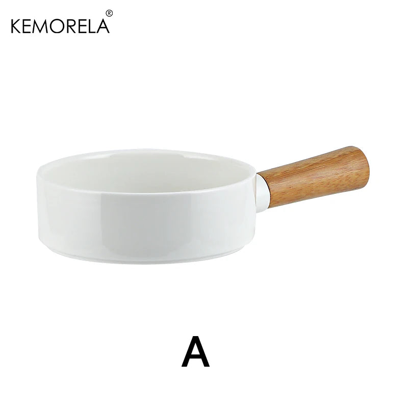 Matte White Ceramic Sauce Pan with Bamboo Handle (14/16cm)