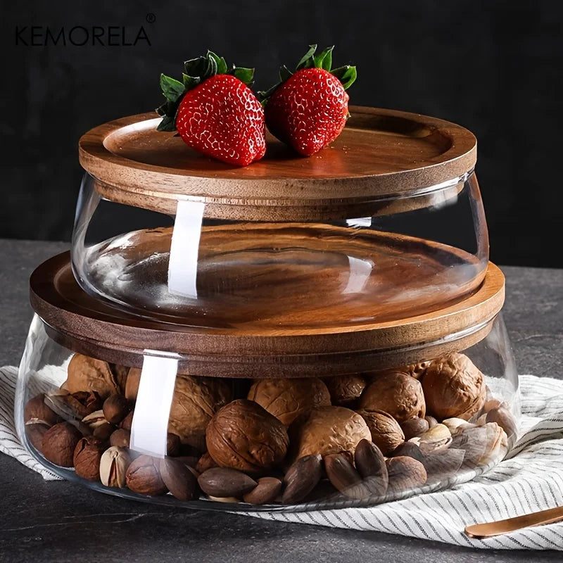 Large Clear Glass Bowl with Walnut Wood Lid