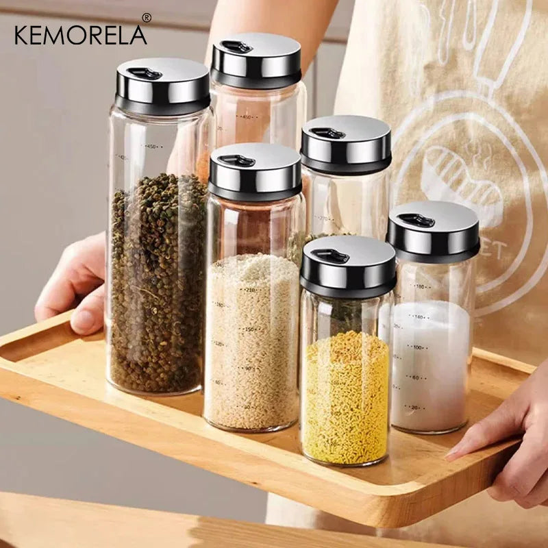 Glass Spice Jars with Flip-Top Stainless Steel Lids & Measurement Scale