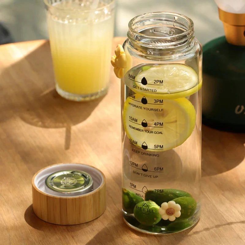 Time-Marked Glass Water Bottle with Bamboo Lid (550ml)