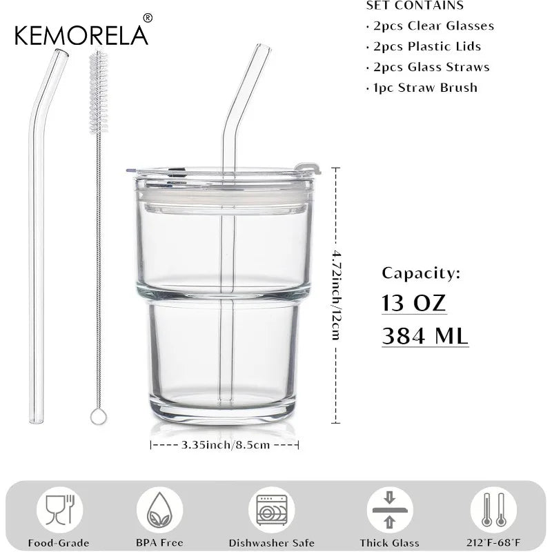 Wide-Mouth Glass Cup with Clear Lid & Bent Glass Straw