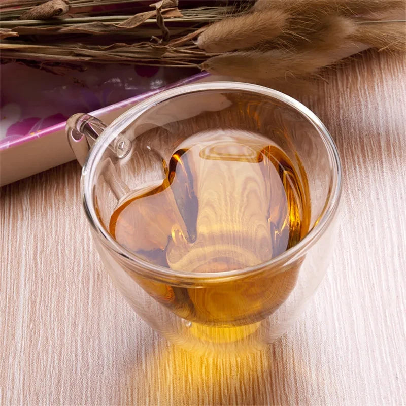 Double-Wall Heart-Shaped Glass Cup with Handle (Set of 4, 80ml)