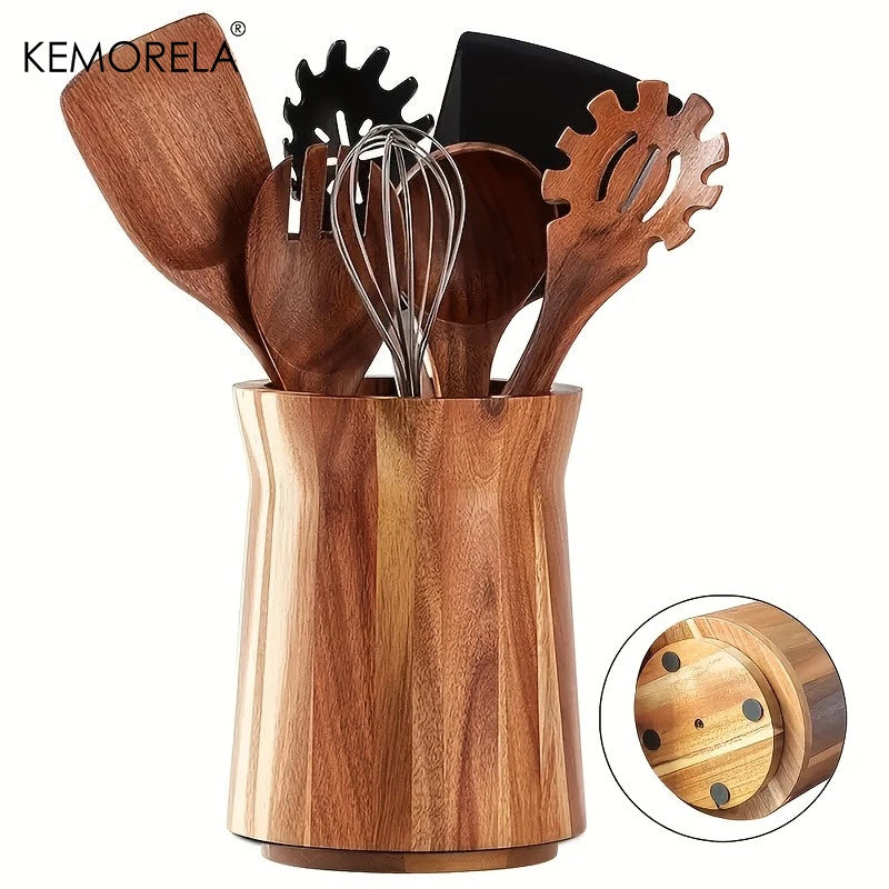 Solid Acacia Wood Rotating Utensil Holder