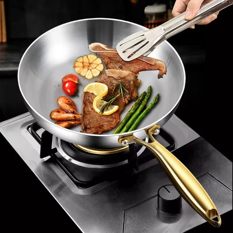 316 Stainless Steel Wok with Gold Handle