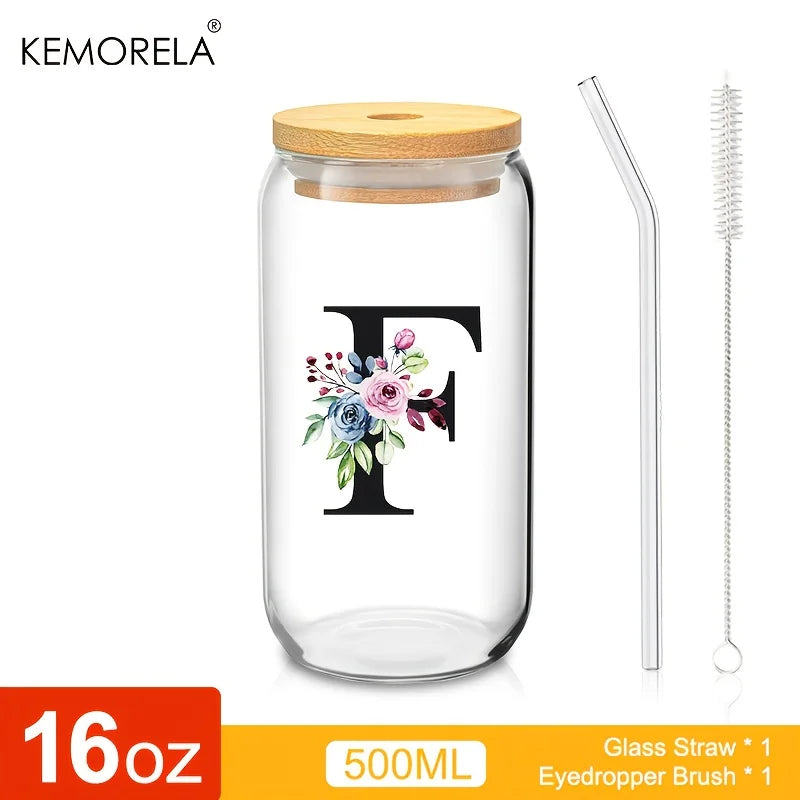Personalized Initial Letter Glass Can Cup with Bamboo Lid & Straw (500ml)