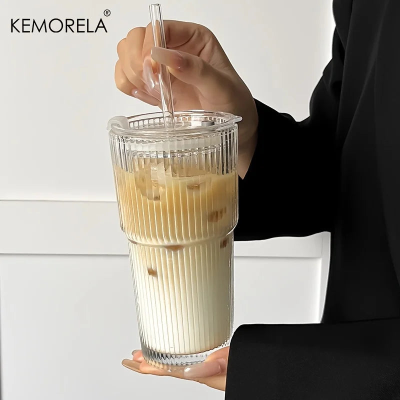 Large Ribbed Glass Cup with Lid & Straw