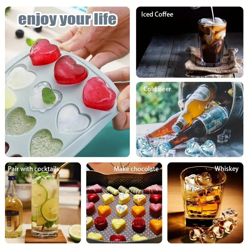 Silicone Ice Cube Tray with Lid — Heart, Round & Diamond Shapes (21-24 Cubes)