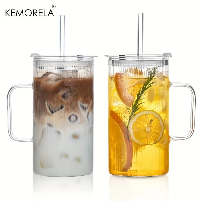 Ribbed Glass Mug with Lid & Straw
