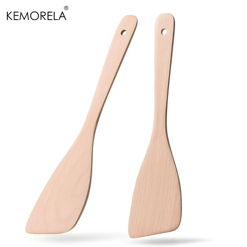 Natural Beechwood Angled Wok Spatula (Set of 2, Long Handle)