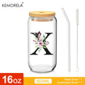 Personalized Initial Letter Glass Can Cup with Bamboo Lid & Straw (500ml)