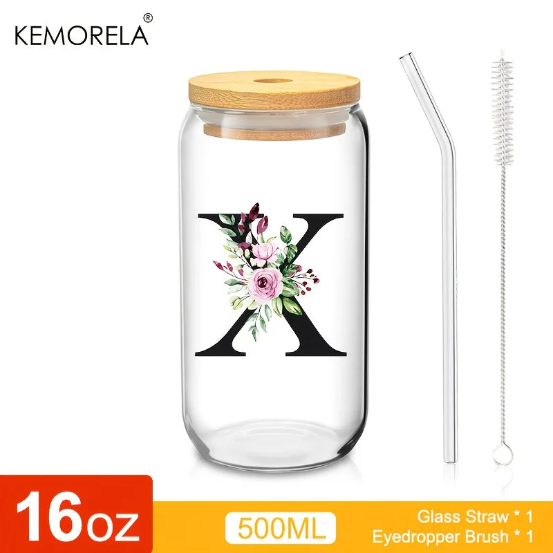 Personalized Initial Letter Glass Can Cup with Bamboo Lid & Straw (500ml)