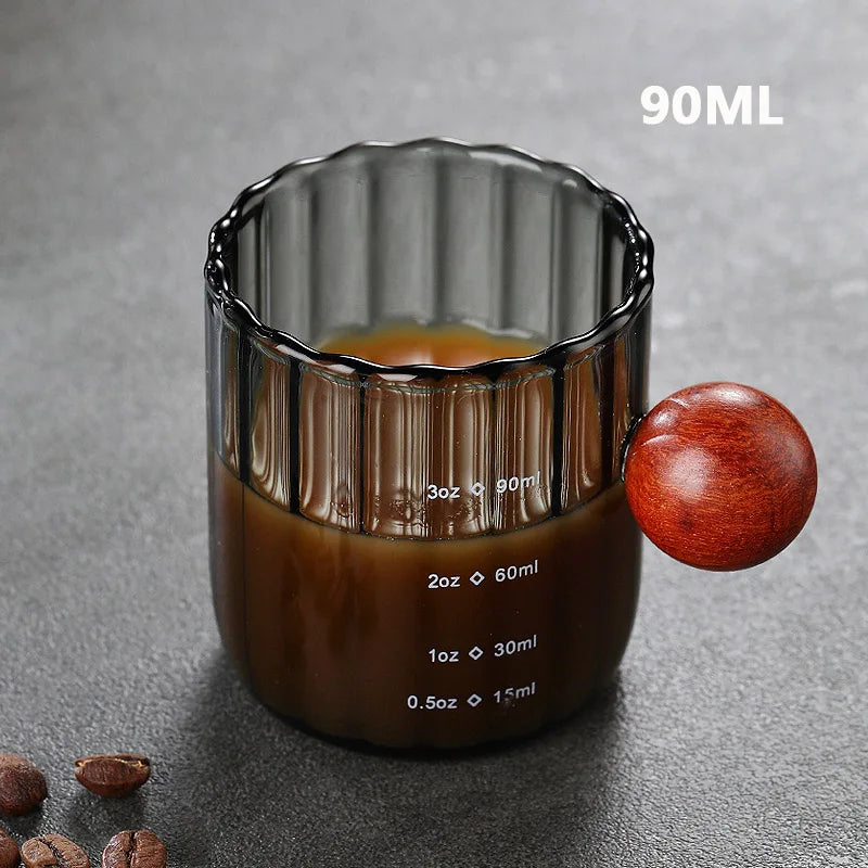 Ribbed Glass Espresso Cup with Wooden Handle & Scale (180ml)