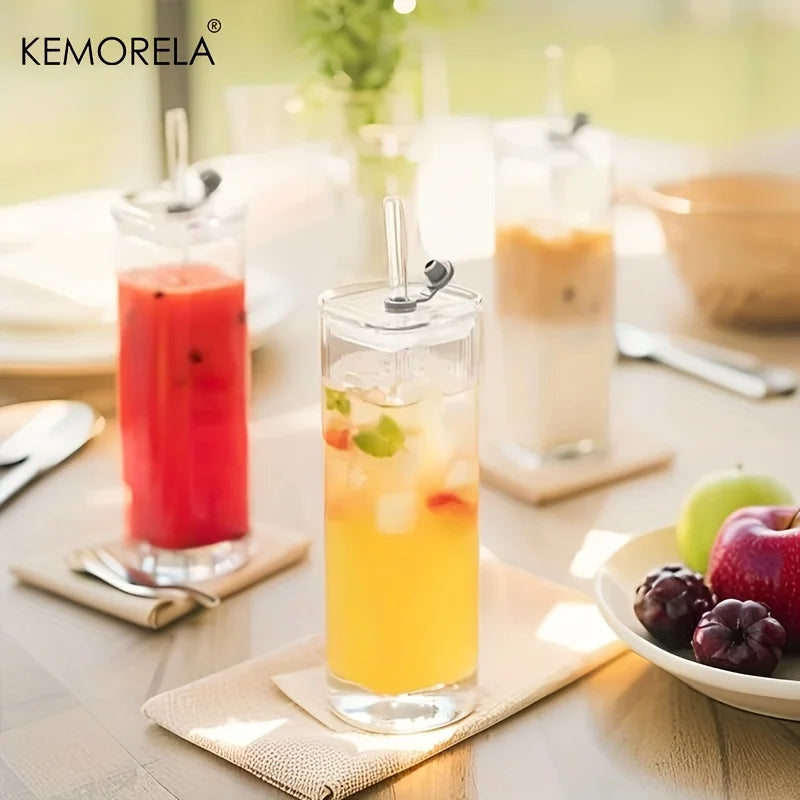 Tall Square Glass Cup with Flip Lid & Straw