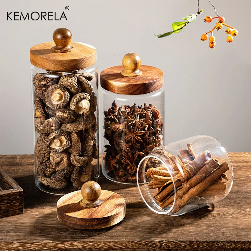 Glass Pantry Jar with Acacia Wood Ball Lid (3 Sizes)