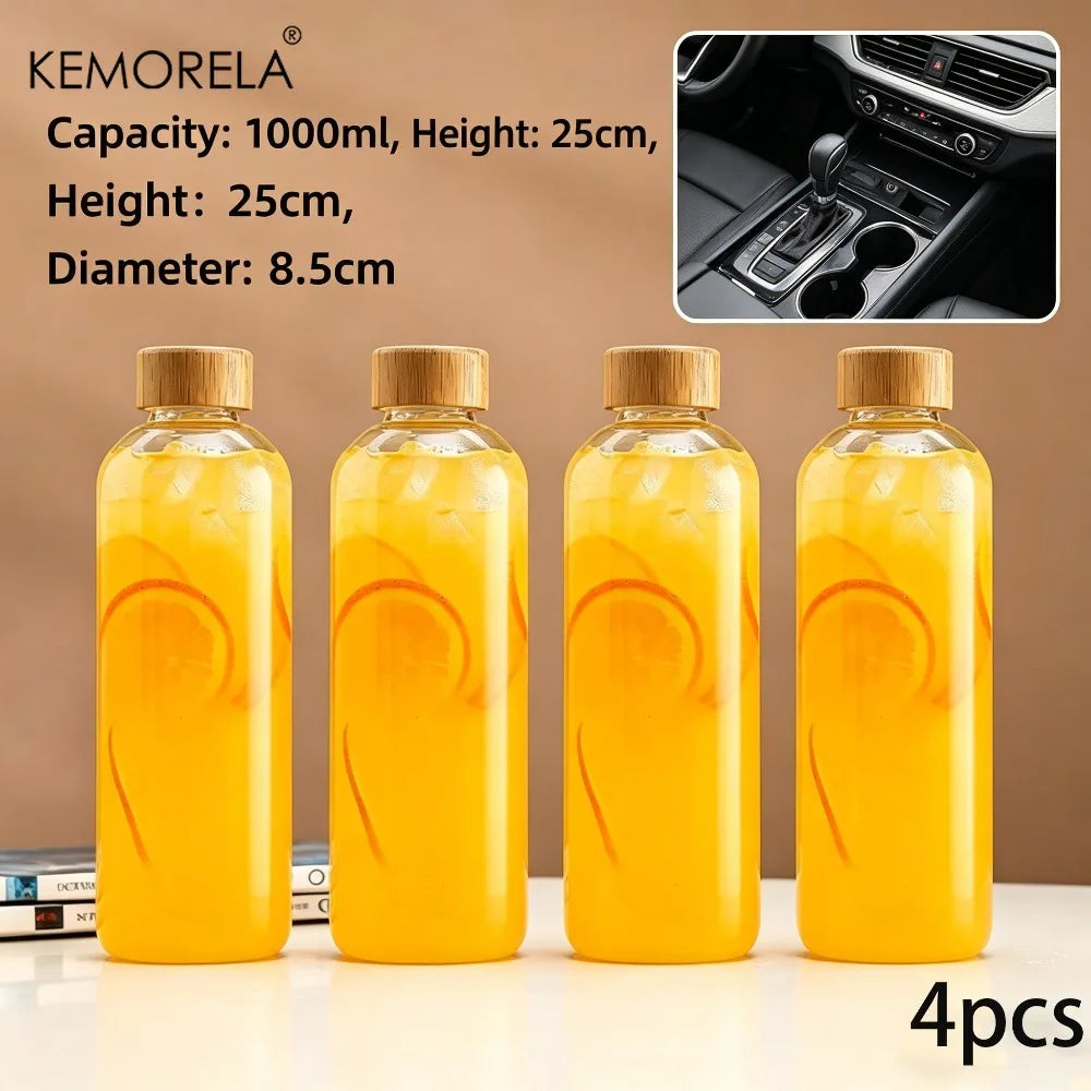 Glass Water Bottle with Bamboo Cap (2 & 4pcs)