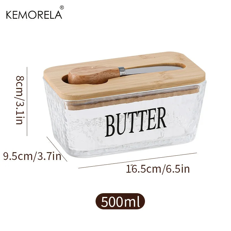 Ribbed Glass Butter Dish with Bamboo Lid