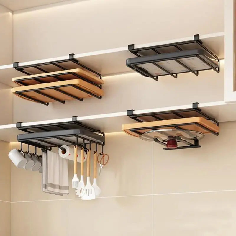 Under-Cabinet Kitchen Shelf with Hooks