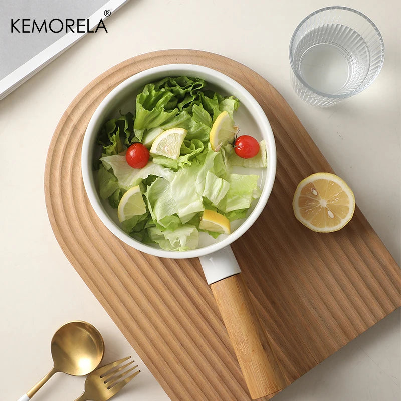 Matte White Ceramic Sauce Pan with Bamboo Handle (14/16cm)