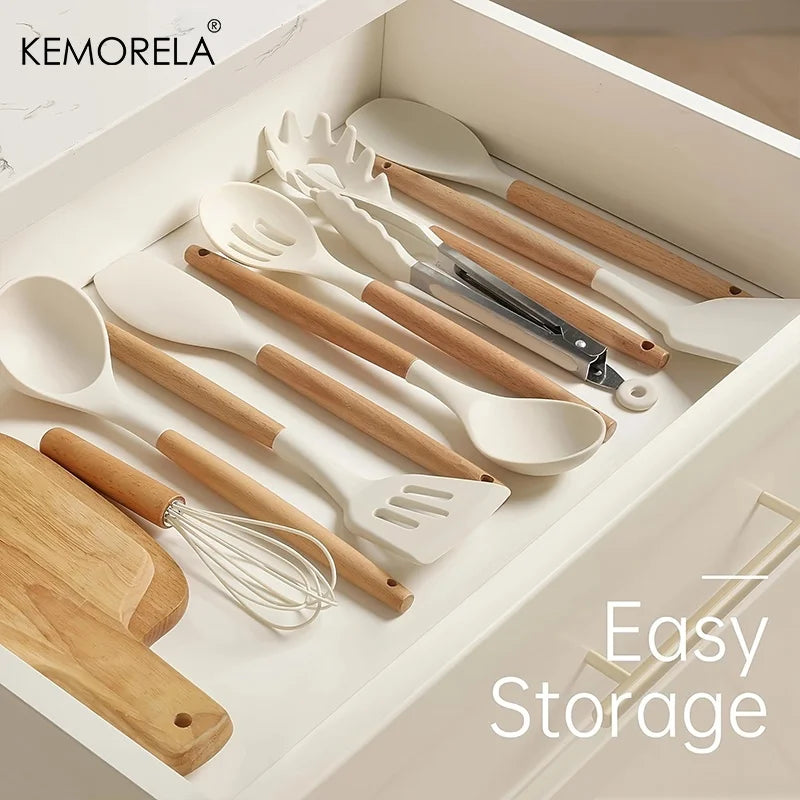 Silicone & Beechwood Kitchen Utensil Set with Holder (11-Piece)