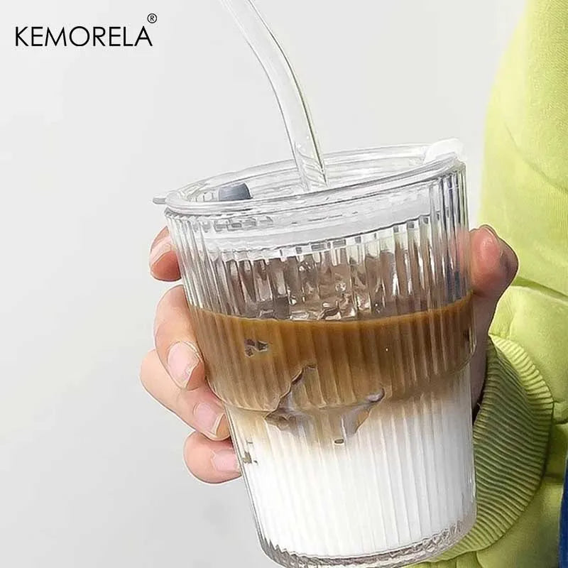 Ribbed Glass Cup with Lid & Glass Straw