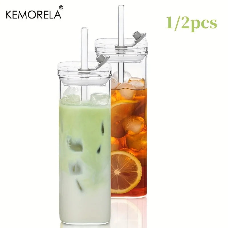 Tall Square Glass Cup with Flip Lid & Straw