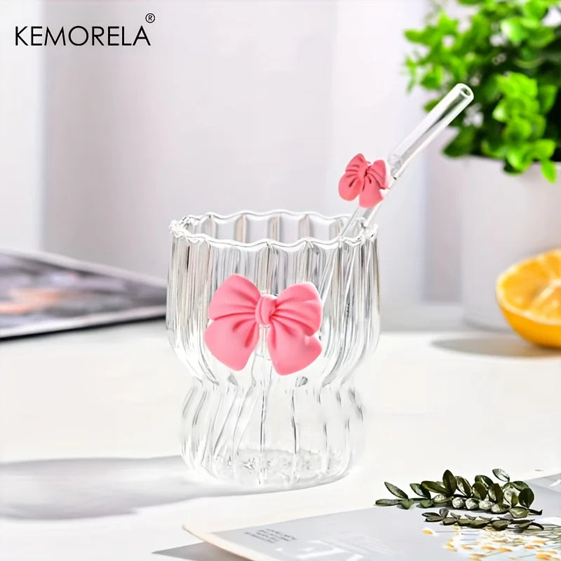 Wavy Ribbed Glass Tumbler with Pink Bow Accent (Set of 2/4/6, 400ml)