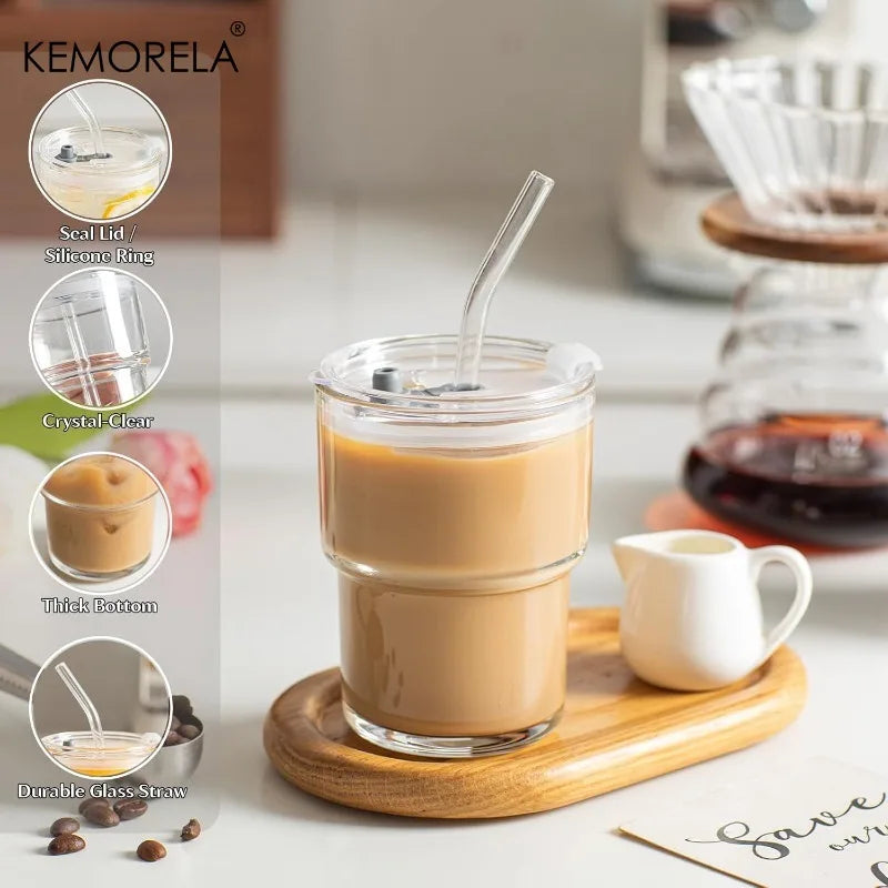 Wide-Mouth Glass Cup with Clear Lid & Bent Glass Straw