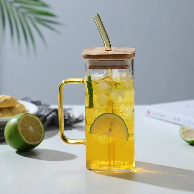 Square Glass Mug with Handle, Bamboo Lid & Straw (400ml)