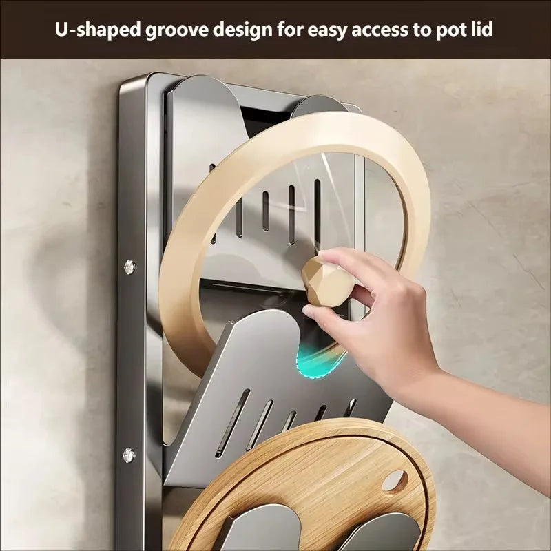 Wall-Mounted Pot Lid Organizer with Drip Tray