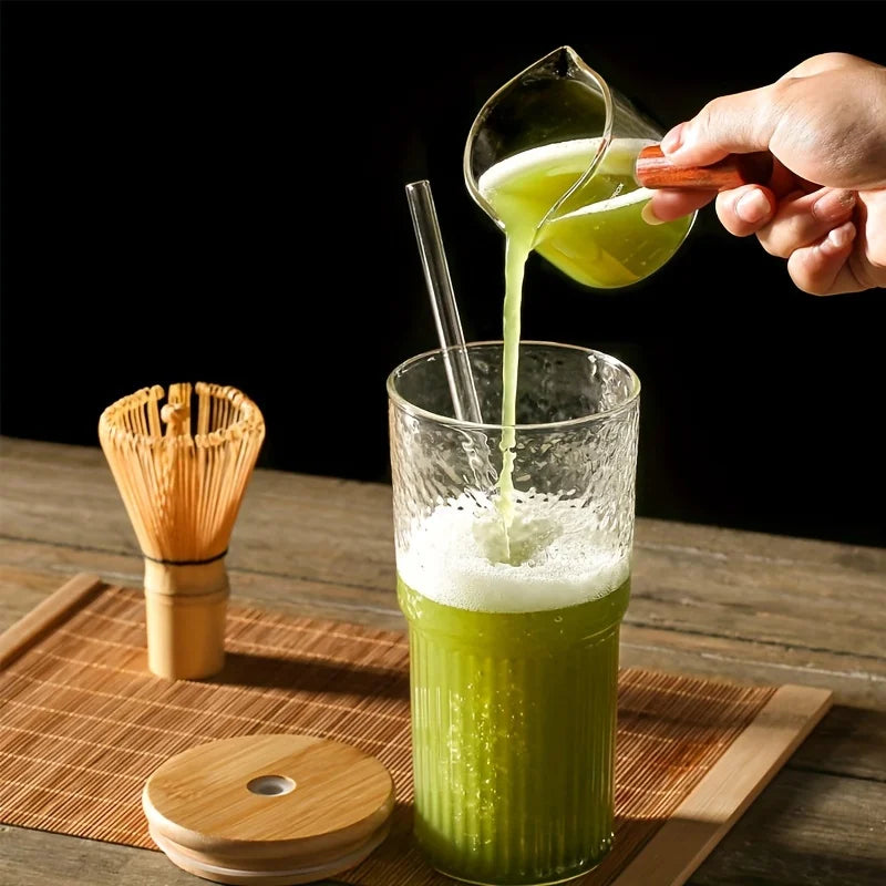 Dual-Texture Ribbed Glass Cup with Bamboo Lid & Straw