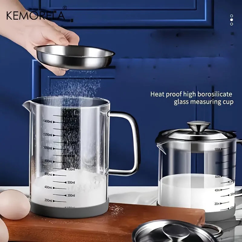 Large Glass Measuring Pitcher with Scale & Stainless Steel Lid (500ml–1.5L)