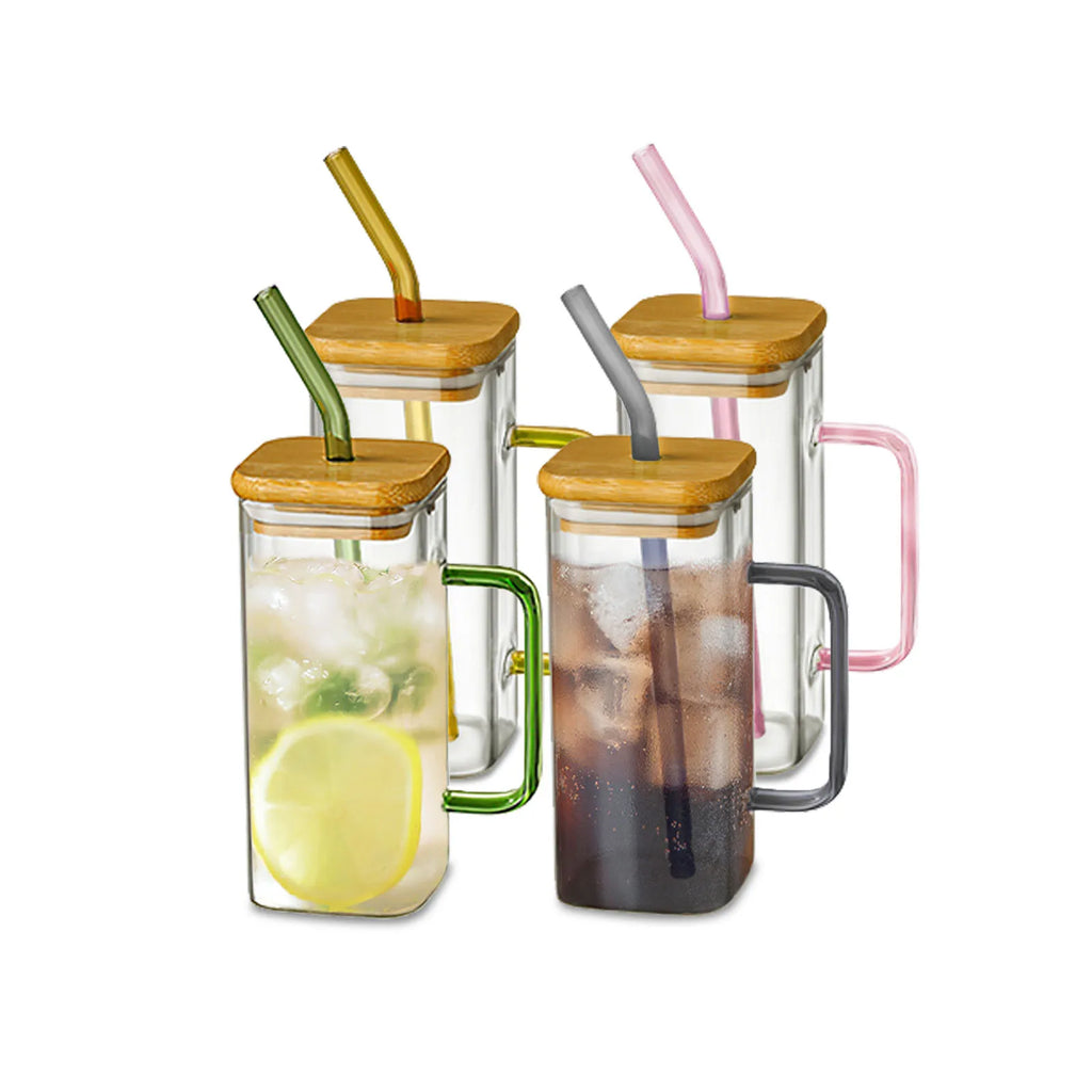 Square Glass Mug with Handle, Bamboo Lid & Straw (400ml)