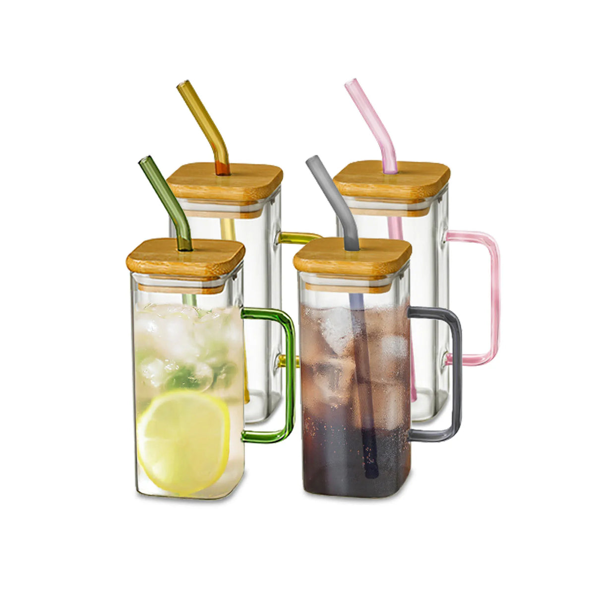 Square Glass Mug with Handle, Bamboo Lid & Straw (400ml)